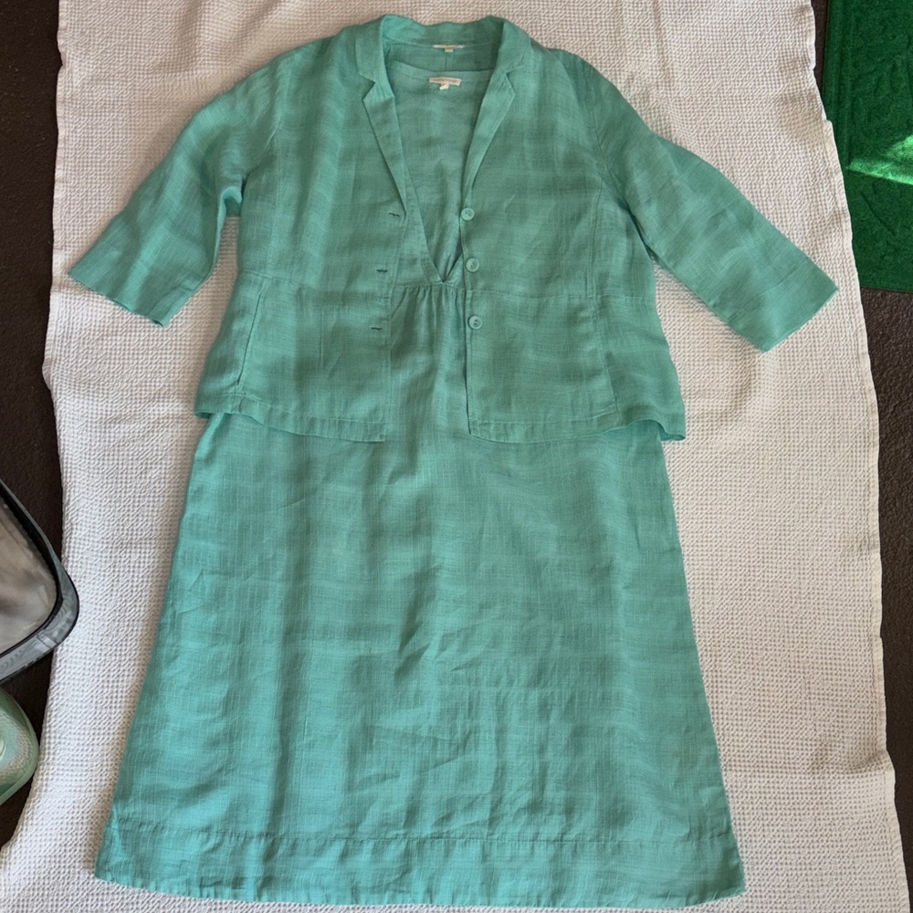Eileen Fisher 100% Linen Teal 2-pc Long Dress & Jacket, XL, NWOT, Lightweight
